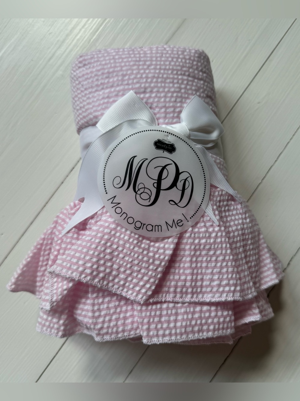 Monogram Me! Mudpie Pink Seersucker Ruffle Baby Girl Blanket NWT Boutique Gift